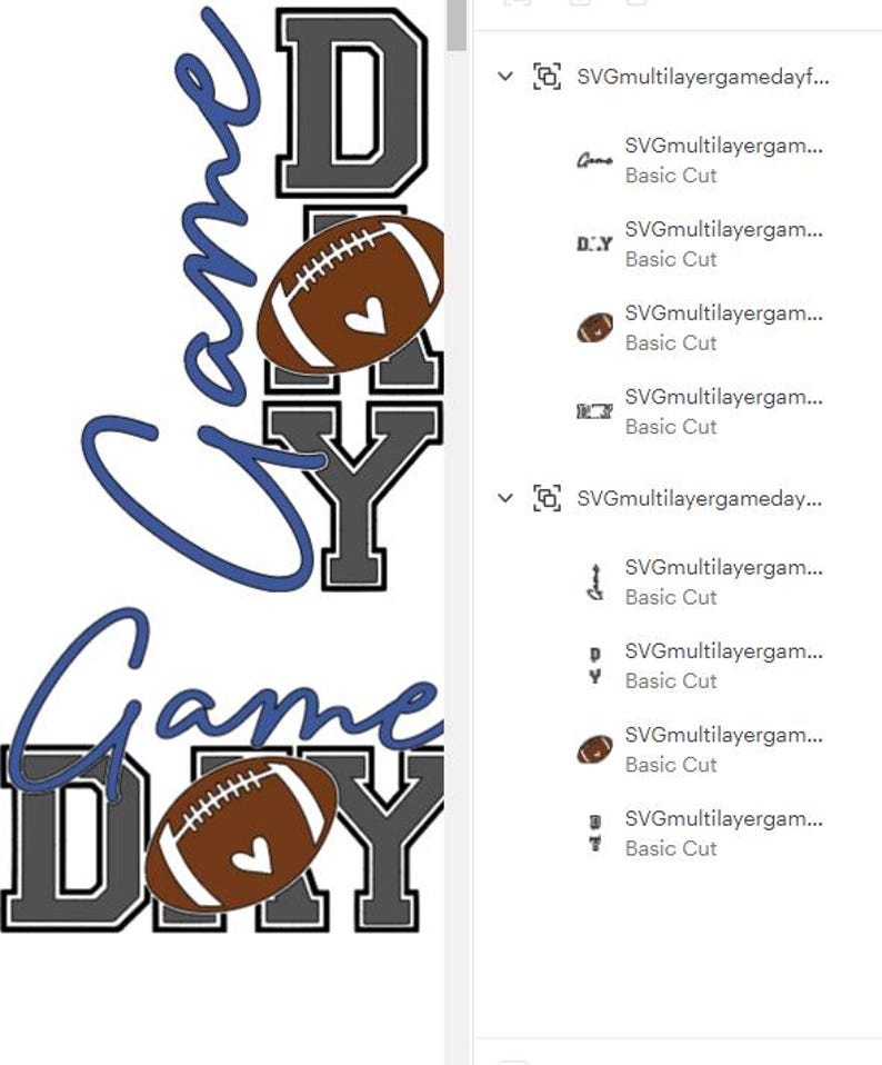 K&ouml;nnte beinhalten: Auf wei&szlig;em Hintergrund steht der Text "Game Day" in einem mehrschichtigen Design. Das Wort "Game" ist in blauer Schrift, und "Day" ist in einer grauen Blockschrift. Ein brauner Football mit wei&szlig;em Herz ist im Design zentriert.