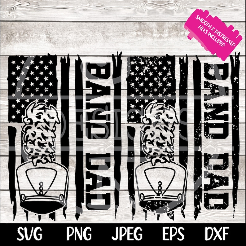 K&ouml;nnte beinhalten: Schwarzwei&szlig;es digitales Design eines Marschband-Hutes vor einer amerikanischen Flagge mit dem Text "Band Dad" auf der rechten Seite. Das Design ist abgenutzt und hat einen Grunge-Effekt.