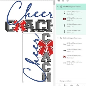 May include: A digital design with the text "Cheer COACH". "Cheer" is in a blue script font, and "COACH" is in a grey block font with a black outline. A red bow is centered on "COACH". The design measures 10.82 cm x 16.08 cm.