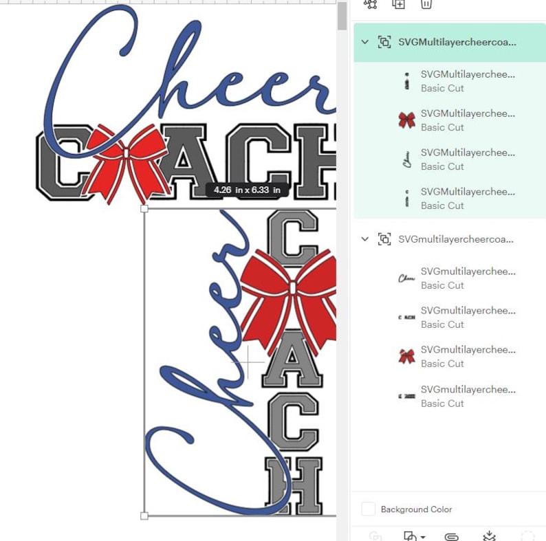 May include: A digital design with the text "Cheer COACH". "Cheer" is in a blue script font, and "COACH" is in a grey block font with a black outline. A red bow is centered on "COACH". The design measures 10.82 cm x 16.08 cm.