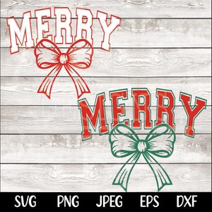 May include: Two versions of the word "Merry" in a red and white varsity style font with a red and white bow and a green and white bow.