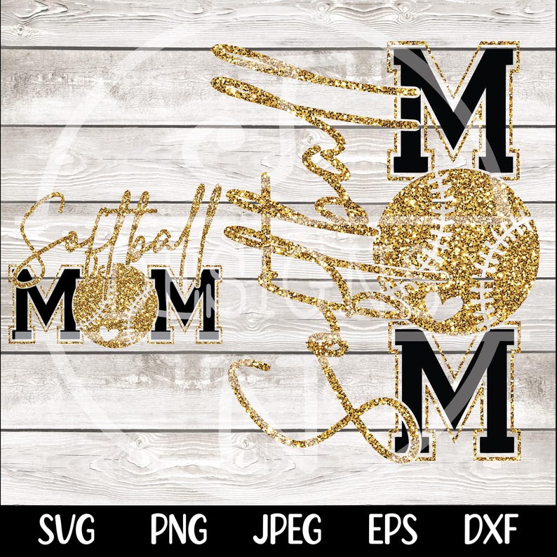 May include: A digital design featuring the words "Softball Mom" in gold glitter script and black block letters. The design includes a softball with gold glitter and the letter "M" in black. The background is a light wood grain.