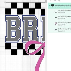 Puede incluir: Un dise&ntilde;o digital con la palabra "BRIDE" en letras grises con contorno azul, sobre un patr&oacute;n de cuadros blancos y negros. Un lazo rosa se encuentra en la parte inferior del dise&ntilde;o.