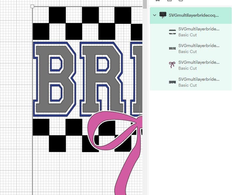 Puede incluir: Un dise&ntilde;o digital con la palabra "BRIDE" en letras grises con contorno azul, sobre un patr&oacute;n de cuadros blancos y negros. Un lazo rosa se encuentra en la parte inferior del dise&ntilde;o.