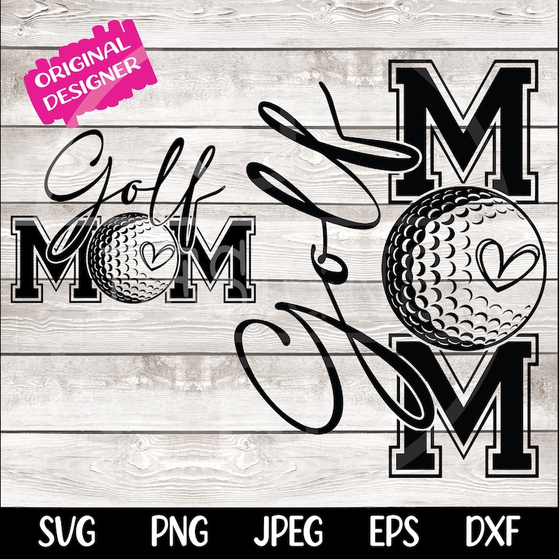 Może przedstawiać: Czarno-biały projekt graficzny z tekstem "Golf Mom" i piłką golfową z sercem. Projekt jest idealny dla miłośnika golfa.
