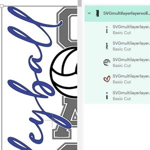 K&ouml;nnte beinhalten: Eine mehrschichtige SVG-Schnittdatei in Blau und Grau f&uuml;r ein Bastelprojekt zum Thema Volleyball. Das Design enth&auml;lt das Wort "Volleyball" in einer kursiv geschriebenen Schriftart und eine Volleyballgrafik.