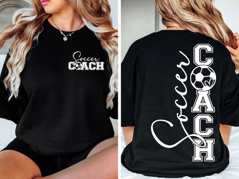 May include: Black t-shirt with white text that says "Soccer Coach" on the front and "Soccer COACH" with a football on the back.