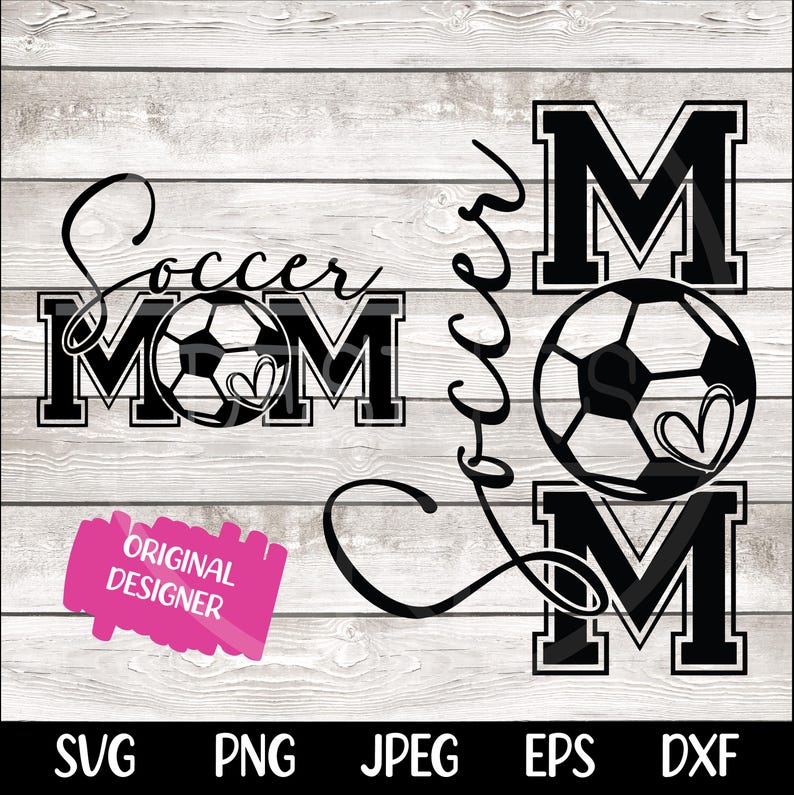 May include: Black and white graphic design of the word "Soccer Mom" with a soccer ball in the middle of the word "Mom". The word "Soccer" is written in a cursive font. The design is on a white wood background.