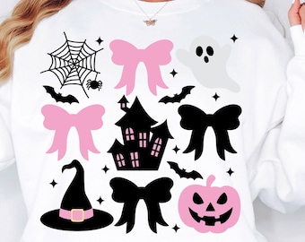 Kokette Halloween SVG PNG Halloween Kürbis rosa Bögen Süßes Halloween Design für Kinder Preppy Sublimation Gruselige Spinnen Geist Spukhaus