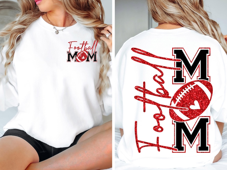 May include: White sweatshirt with "Football Mom" text and a football graphic in red and black. The back of the sweatshirt features the words "Football Mom" with a football graphic. The sweatshirt is a casual apparel item.