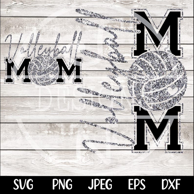 May include: A digital design featuring the words "Volleyball Mom" with a volleyball graphic. The word "Mom" is in a black block letter font with a silver glitter volleyball in the center. The word "Volleyball" is in a silver glitter script font.