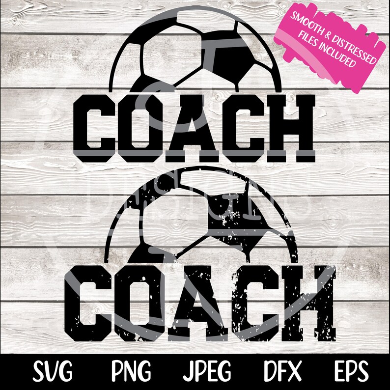 May include: Black and white graphic design of two soccer balls with the word "COACH" written in bold, black letters above each ball. The top ball is smooth and the bottom ball has a distressed texture.