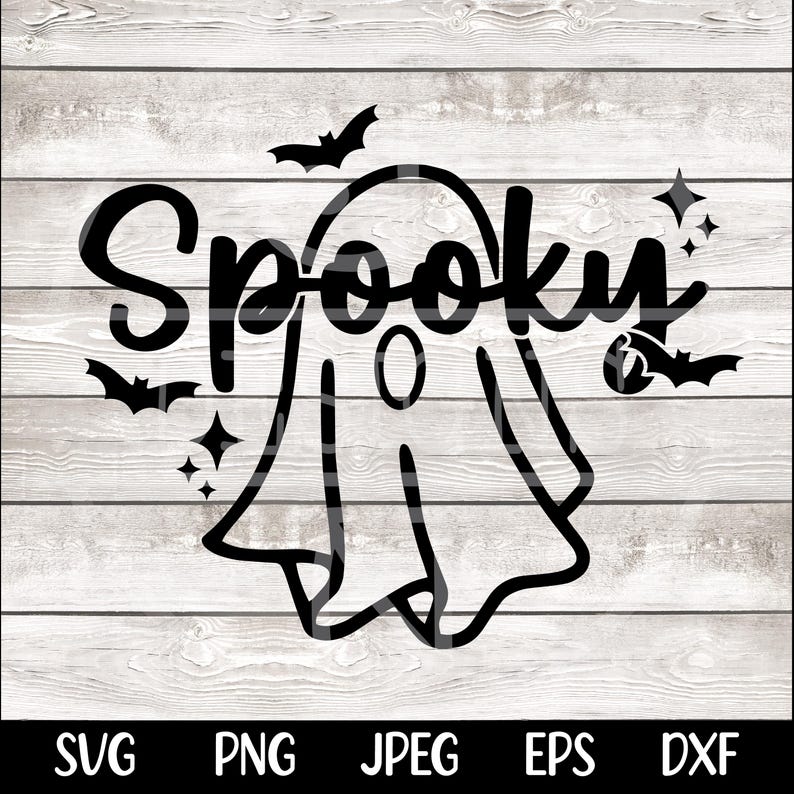 Op de afbeelding: Zwart-witte spookachtige geestgrafiek met het woord "Spooky" in een gestileerd lettertype. De geest heeft een eenvoudige, afgeronde vorm met &eacute;&eacute;n oog.