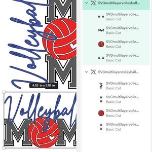 May include: A design featuring the words "Volleyball Mom" in blue script and gray block letters, with a red volleyball in the center. The design measures 4.53 inches by 3.18 inches.