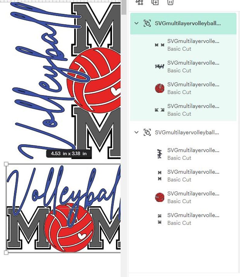 May include: A design featuring the words "Volleyball Mom" in blue script and gray block letters, with a red volleyball in the center. The design measures 4.53 inches by 3.18 inches.