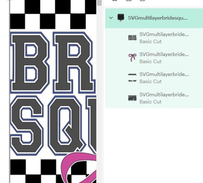 Puede incluir: Dise&ntilde;o gr&aacute;fico con el texto "BRIDE SQUAD" en una fuente audaz de estilo universitario. Las letras son grises con un contorno azul, sobre un fondo blanco. Un dise&ntilde;o curvo rosa en la parte inferior, con un patr&oacute;n de tablero de ajedrez en blanco y negro en la parte superior e inferior.