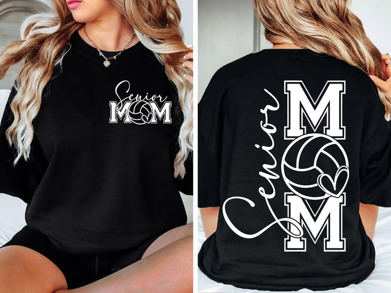 May include: Black t-shirt with white text that says "Senior Mom" and a volleyball graphic. The back of the shirt has the text "Senior Mom" with a volleyball graphic and a heart.