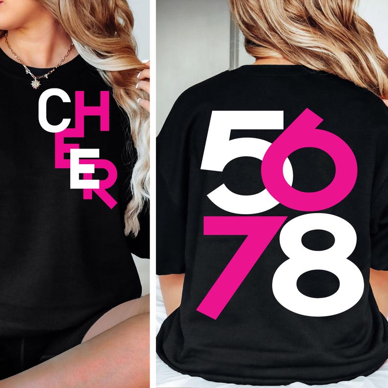 May include: Black t-shirt with the word "CHEER" in pink vertical lettering on the front and the numbers "5678" in white and pink on the back.