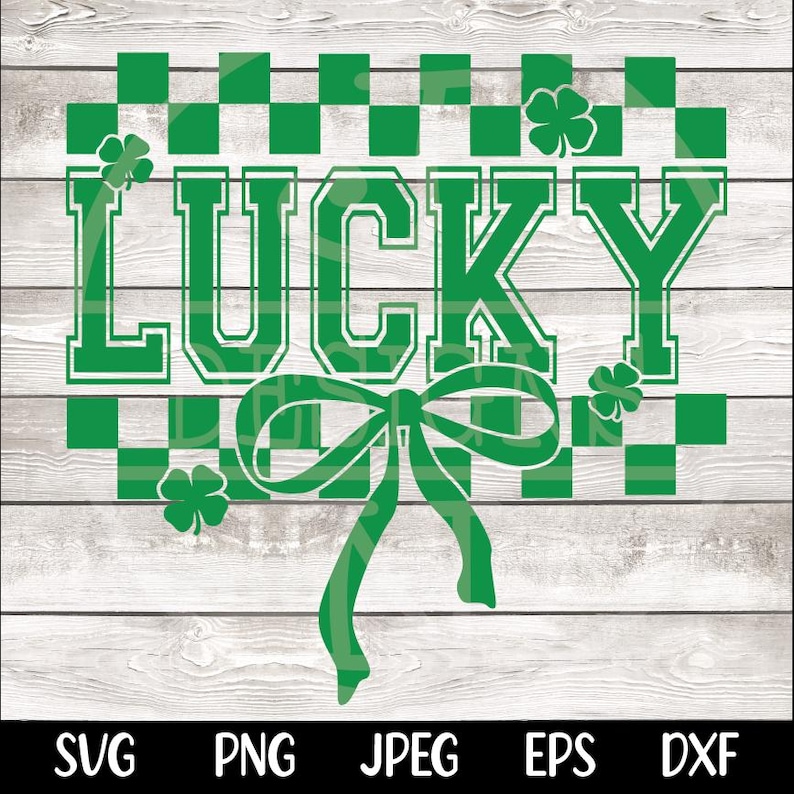 Pu&ograve; includere: Sfondo a scacchi verde e bianco con la parola "LUCKY" in un carattere bianco in grassetto. Un fiocco verde si trova sotto la parola. Ci sono piccoli disegni di trifoglio in tutta l'immagine.