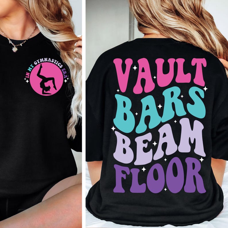 May include: Black sweatshirt with a graphic on the front that says "In My Gymnastics Era" and a silhouette of a gymnast doing a back handspring. The back of the sweatshirt has a graphic that says "Vault Bars Beam Floor" in a rainbow color scheme.