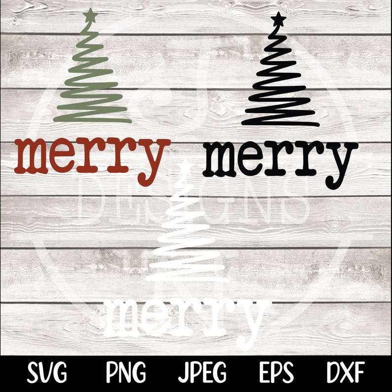 May include: A digital design featuring three stylized Christmas trees and the word "merry" in red, black, and white. The design is set against a white wood-grain background, with file type icons at the bottom.
