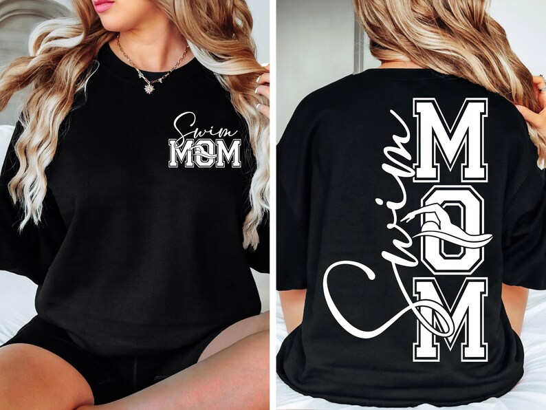 May include: Black t-shirt with the text "Swim Mom" on the front and the text "Swim Mom" with a swimmer graphic on the back.