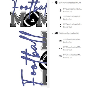May include: A graphic design featuring the words "Football MOM" in a layered design. The word "MOM" is in gray block letters, with a black and white football in the center. The word "Football" is in a cursive, purple font.
