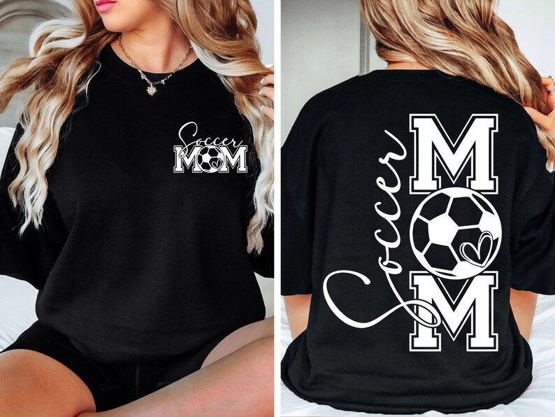 May include: Black t-shirt with white text that says "Soccer Mom" with a soccer ball graphic. The back of the shirt has the text "Soccer Mom" with the letters "M" and "O" being larger and a soccer ball graphic.