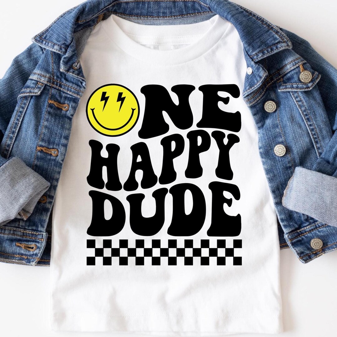 One Happy Dude PNG SVG, First Birthday SVG, Retro Wavy Text, Happy Face ...