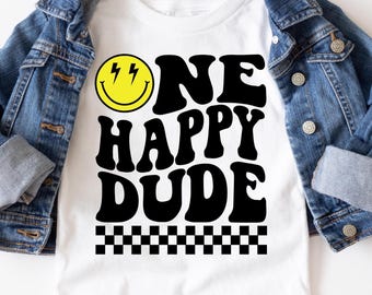 One Happy Dude PNG SVG, First Birthday SVG, Retro Wavy Text, Happy Face Trendy Sublimation Design, Digital Craft Files For Cricut/Silhouette