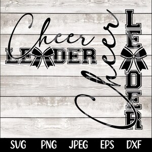 Puede incluir: Dise&ntilde;o gr&aacute;fico en blanco y negro con el texto "Cheer Leader" y "Leader" en orientaci&oacute;n vertical. El dise&ntilde;o presenta un lazo con una cinta.