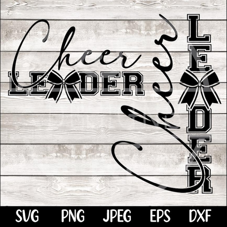 Puede incluir: Dise&ntilde;o gr&aacute;fico en blanco y negro con el texto "Cheer Leader" y "Leader" en orientaci&oacute;n vertical. El dise&ntilde;o presenta un lazo con una cinta.