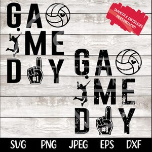May include: A black and white graphic design with the words "GAME DAY" repeated twice. Volleyballs with heart details and silhouettes of volleyball players are included. The image also features a foam finger and file type labels.