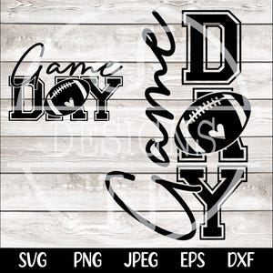 May include: Black and white "Game Day" design with a football graphic. The text is in a bold, blocky font with a cursive "Game" overlay. The background is a light wood grain pattern.