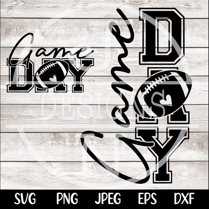 May include: Black and white "Game Day" design with a football graphic. The text is in a bold, blocky font with a cursive "Game" overlay. The background is a light wood grain pattern.