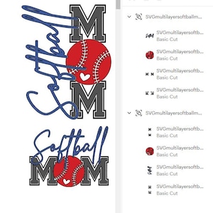 May include: A graphic design featuring the words "Love Mom" and "Softball Mom" in blue script and block letters. The word "Mom" is in gray block letters with a red softball in the center. A white heart is on the softball.
