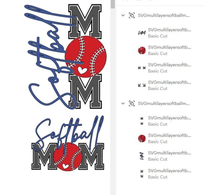 May include: A graphic design featuring the words "Love Mom" and "Softball Mom" in blue script and block letters. The word "Mom" is in gray block letters with a red softball in the center. A white heart is on the softball.