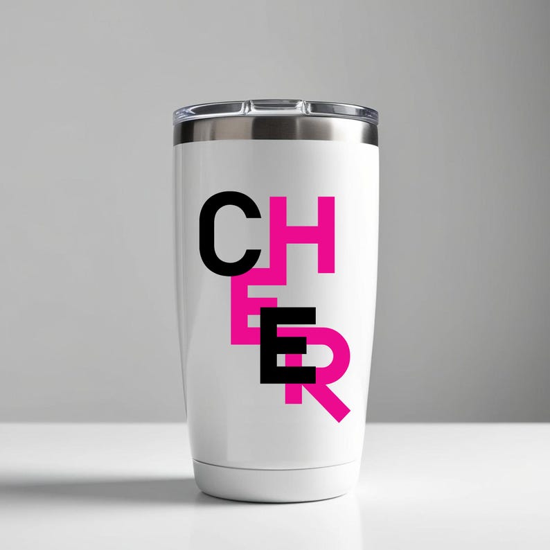 May include: White stainless steel tumbler with a black and pink "CHEER" design.