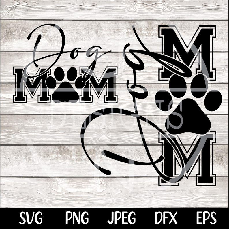 Puede incluir: Dise&ntilde;o gr&aacute;fico en blanco y negro con el texto "Dog Mom" y una huella de pata. El texto "Dog Mom" est&aacute; en negrita, con una fuente de bloque. La huella de pata est&aacute; en el centro del texto.