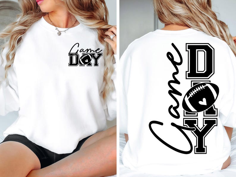 May include: White sweatshirt with the text "Game Day" and a football graphic in black. The design is on the front and back of the sweatshirt. The sweatshirt is a long-sleeved, crew neck style.