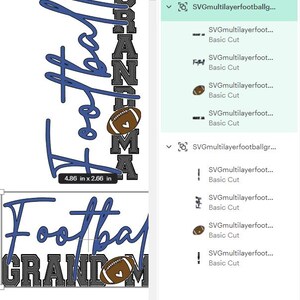 Pu&ograve; includere: Un design digitale con la scritta "Football Grandma" in corsivo blu e lettere grigie, accompagnata da una grafica di football. Il design misura 12,34 cm x 6,76 cm.