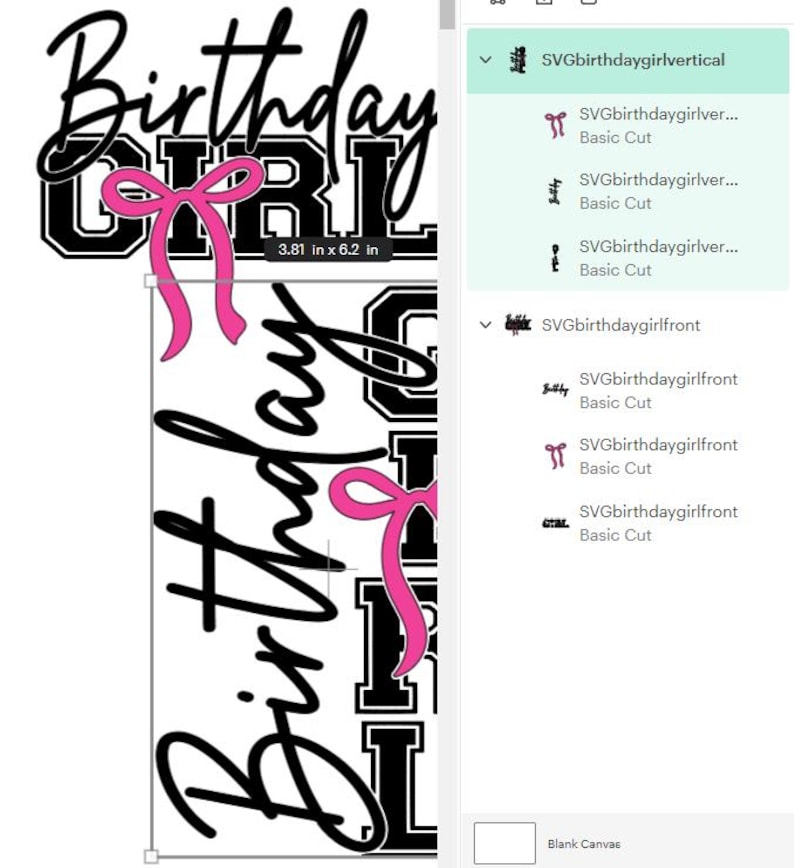 May include: A black and white graphic design that says "Birthday Girl" with a pink bow. The design measures 9.68 cm by 15.75 cm. The word "Birthday" is in a cursive font, and "GIRL" is in a block font.