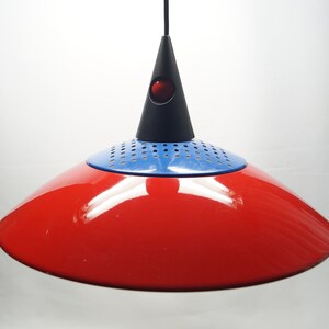 Memphis style pendant lamp in red and blue with black top and red plastic ball - German vintage design from the 1990s - 2000s