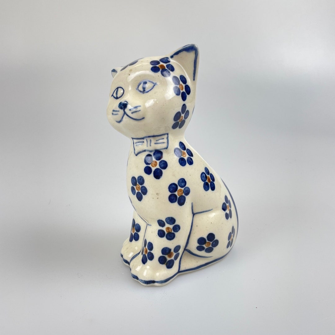 Vintage Chinese Cat Figurine 60s Blue Flowers Etsy