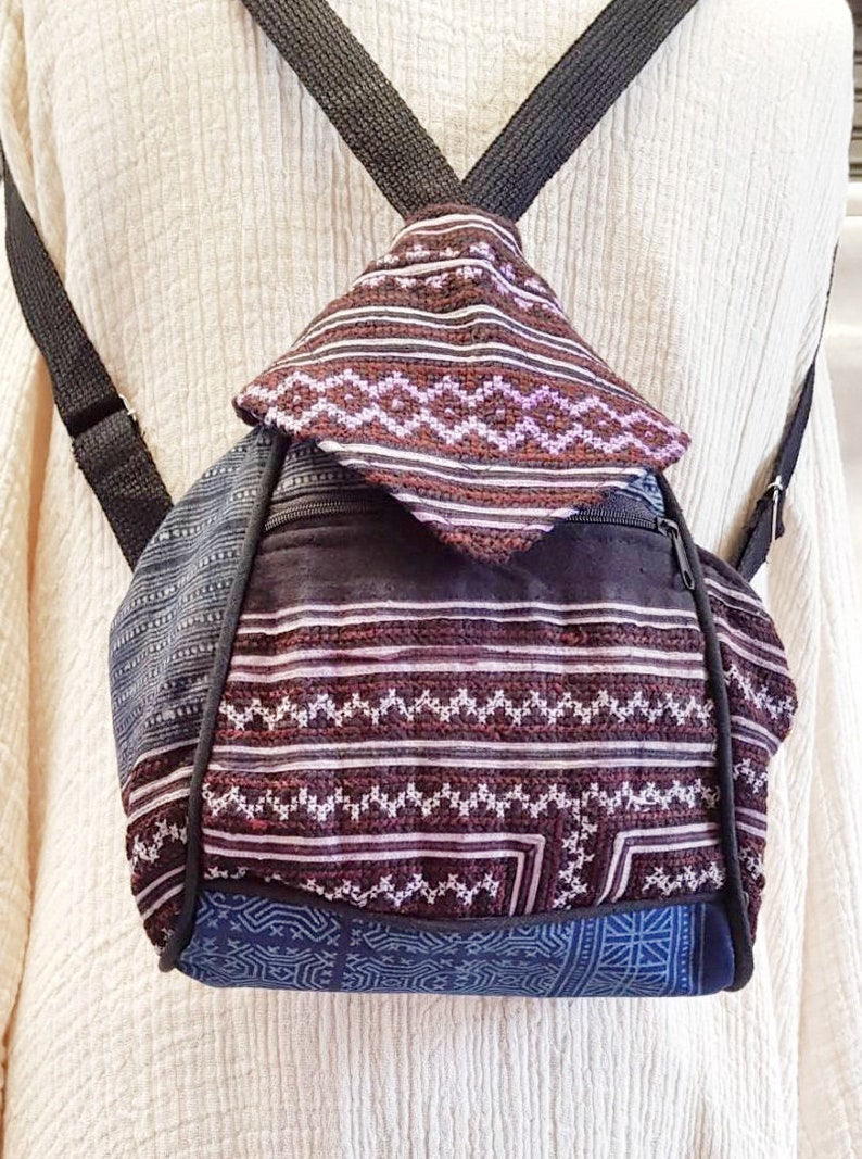 Hmong Backpack Bags Hill Tribe Shoulder Bags Hobo Purple Color Embroidered Fabric Unique Handmade Hippie Bohemian Gipsy Stylish Handbags