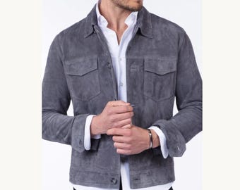 Chaqueta de camionero de ante gris: ajuste personalizado, tallas S-3XL