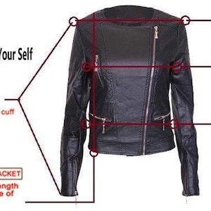 May include: Black leather jacket with a diagonal zipper and gold hardware. The image includes text that explains how to measure yourself for the jacket, including shoulder, chest, waist, sleeve, and jacket length measurements.