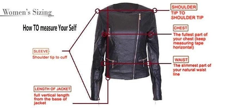 May include: Black leather jacket with a diagonal zipper and gold hardware. The image includes text that explains how to measure yourself for the jacket, including shoulder, chest, waist, sleeve, and jacket length measurements.