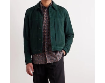 Herr Grön Mockaskjorta Läder Truckerjacka Storlek M
