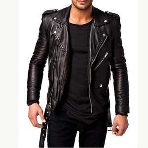 Veste en cuir noir pour homme en cuir d’agneau Made to Measure Biker Motorcycle Jacket
